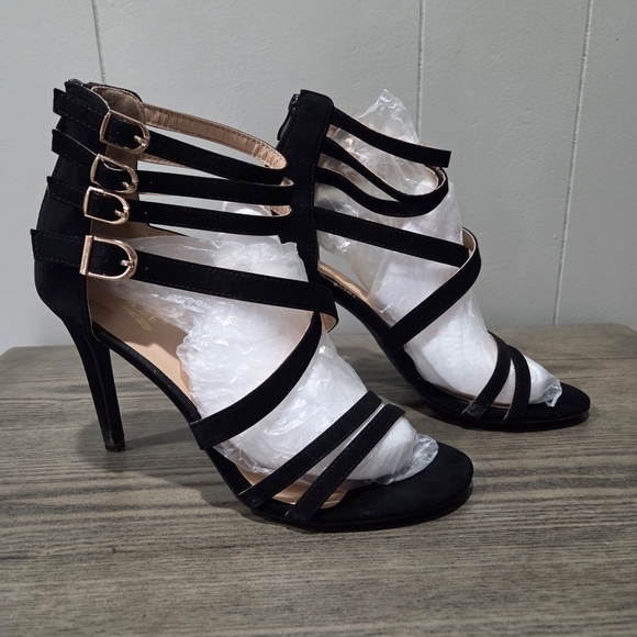 Black Strappy Heels with Gold Buckle - Picture 1 of 9
